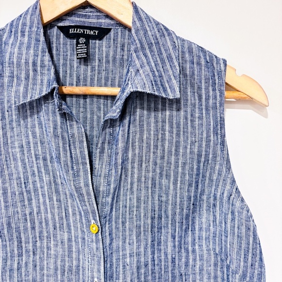 ELLEN TRACY Blue and white striped sleeveless linen shirt - Picture 4 of 6